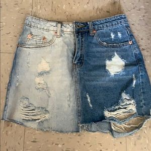 Two toned distressed denim skirt